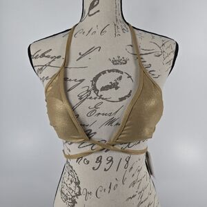Good American Women's Size 2 Gold Metallic Triangle Wrap Around Swim Top NWT
